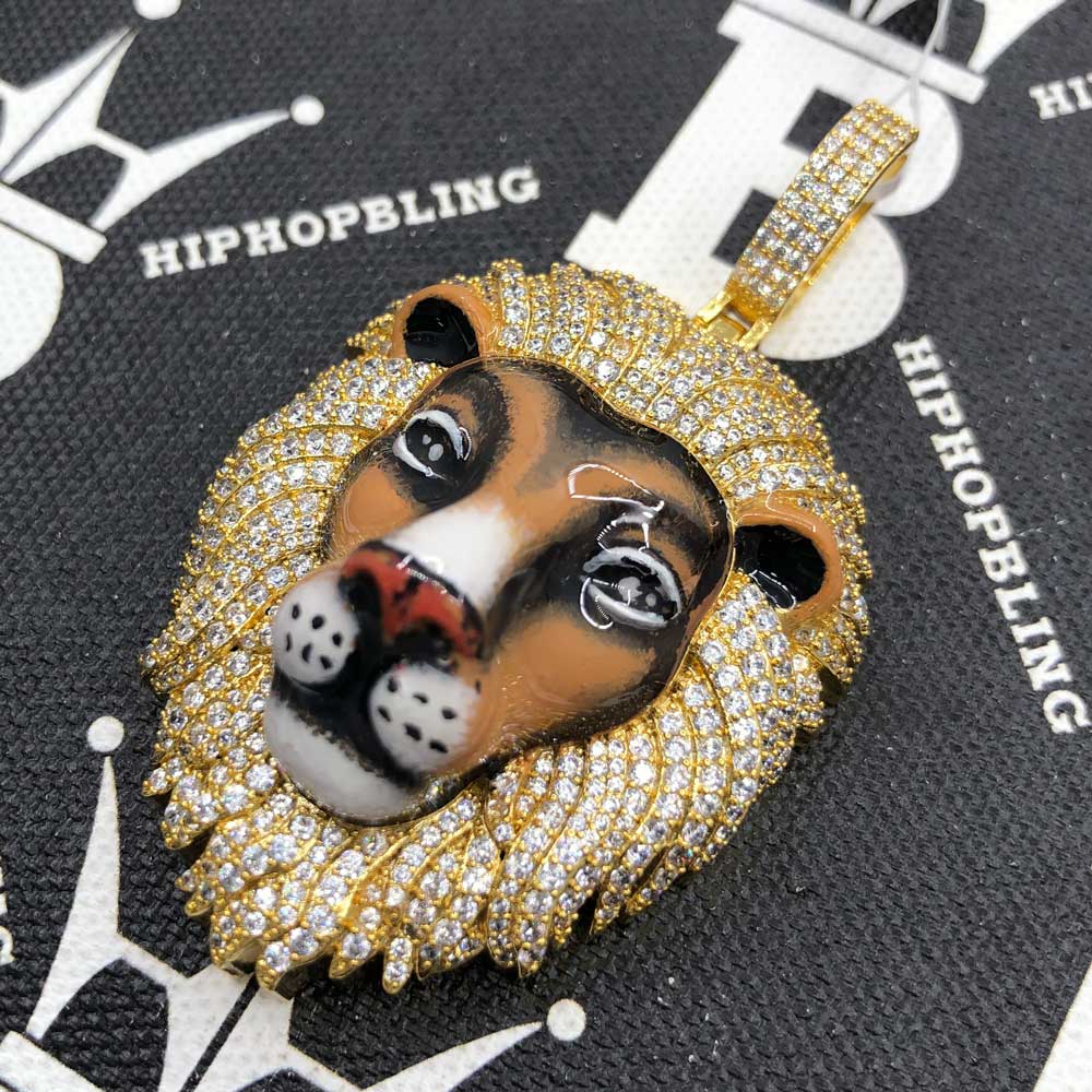 3D Tiger Enamel CZ Hip Hop Iced Out Pendant White Gold HipHopBling