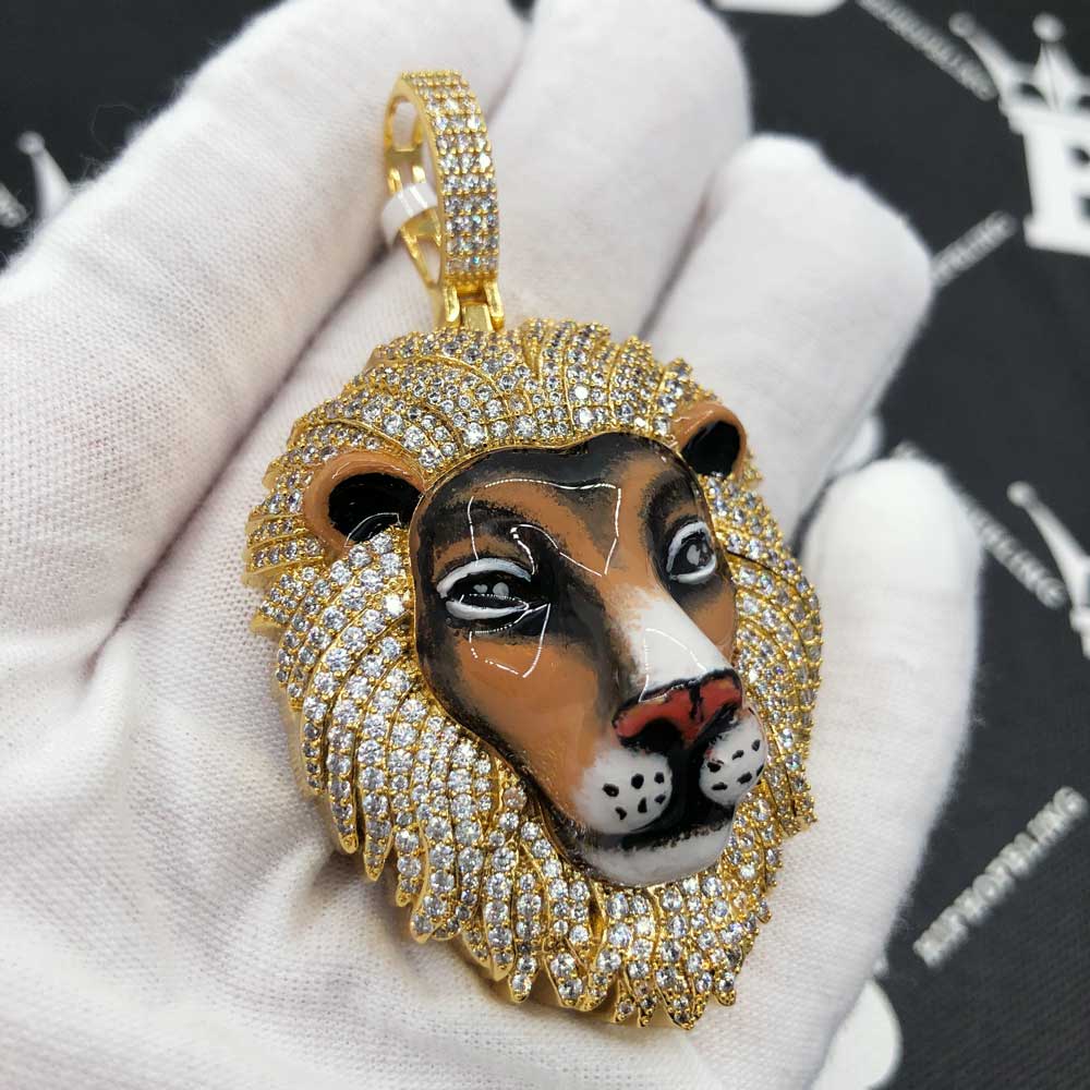 3D Tiger Enamel CZ Hip Hop Iced Out Pendant White Gold HipHopBling