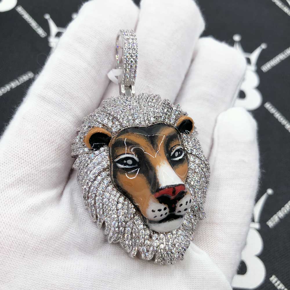 3D Tiger Enamel CZ Hip Hop Iced Out Pendant White Gold HipHopBling