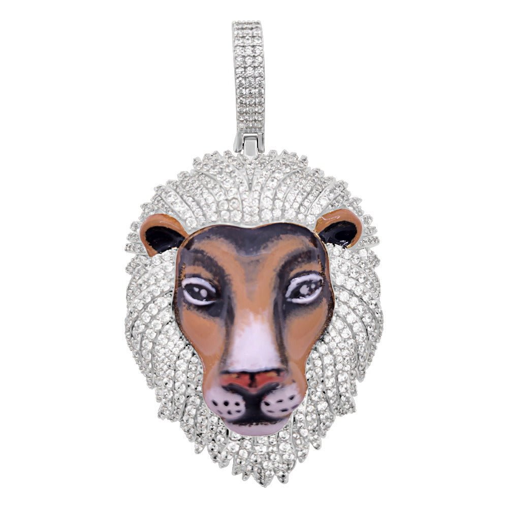 3D Tiger Enamel CZ Hip Hop Iced Out Pendant White Gold HipHopBling