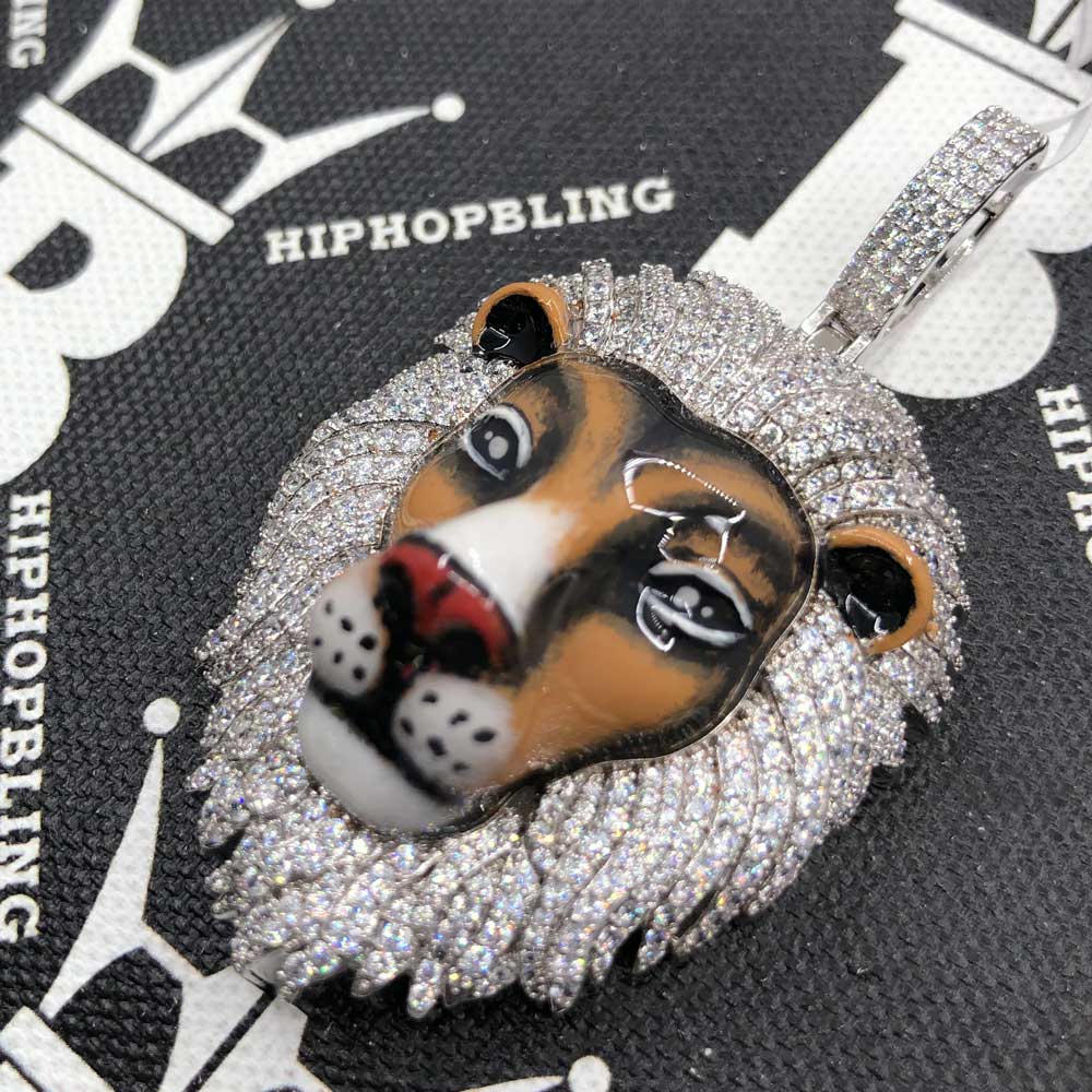 3D Tiger Enamel CZ Hip Hop Iced Out Pendant White Gold HipHopBling
