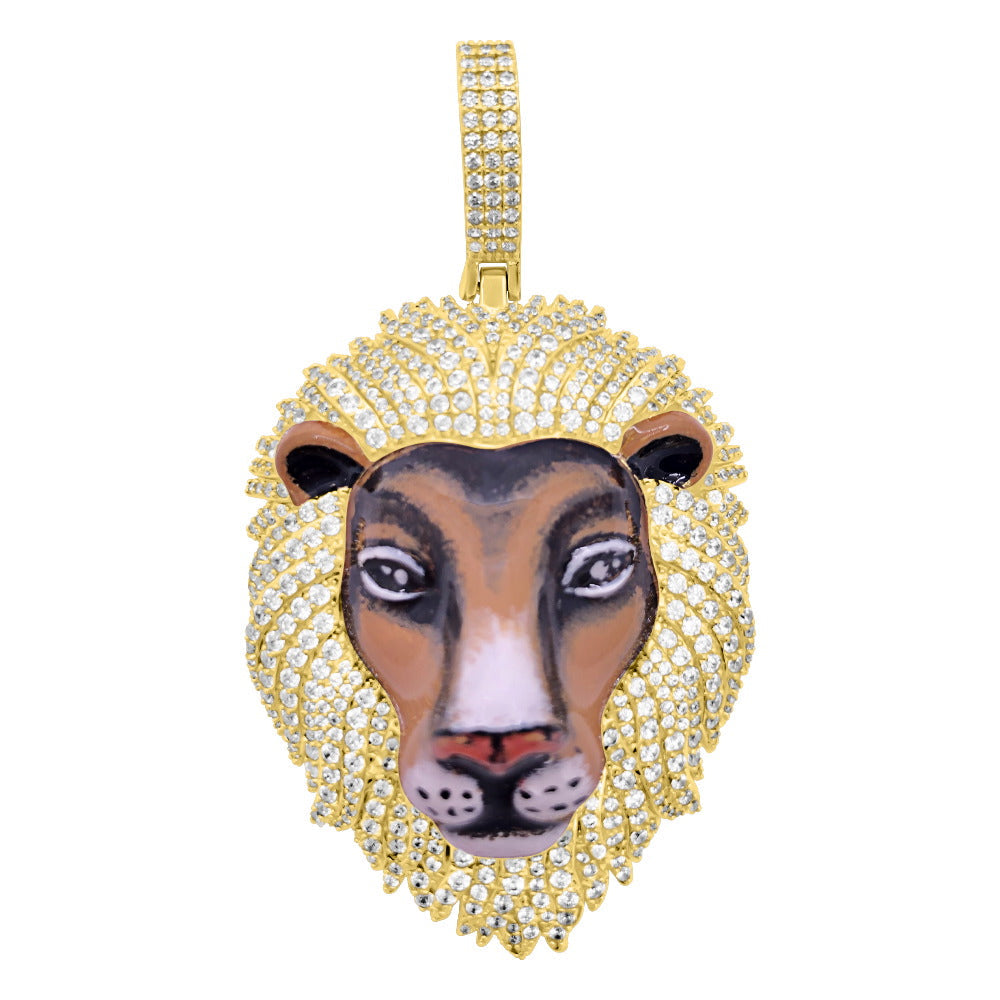 3D Tiger Enamel CZ Hip Hop Iced Out Pendant Yellow Gold HipHopBling