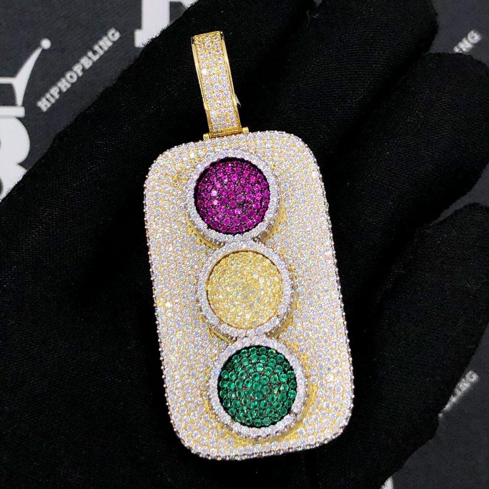 3D Traffic Light VVS CZ Hip Hop Iced Out Pendant Yellow Gold HipHopBling