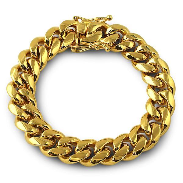 3X IP Gold Miami Cuban Bracelet Stainless Steel 14MM HipHopBling