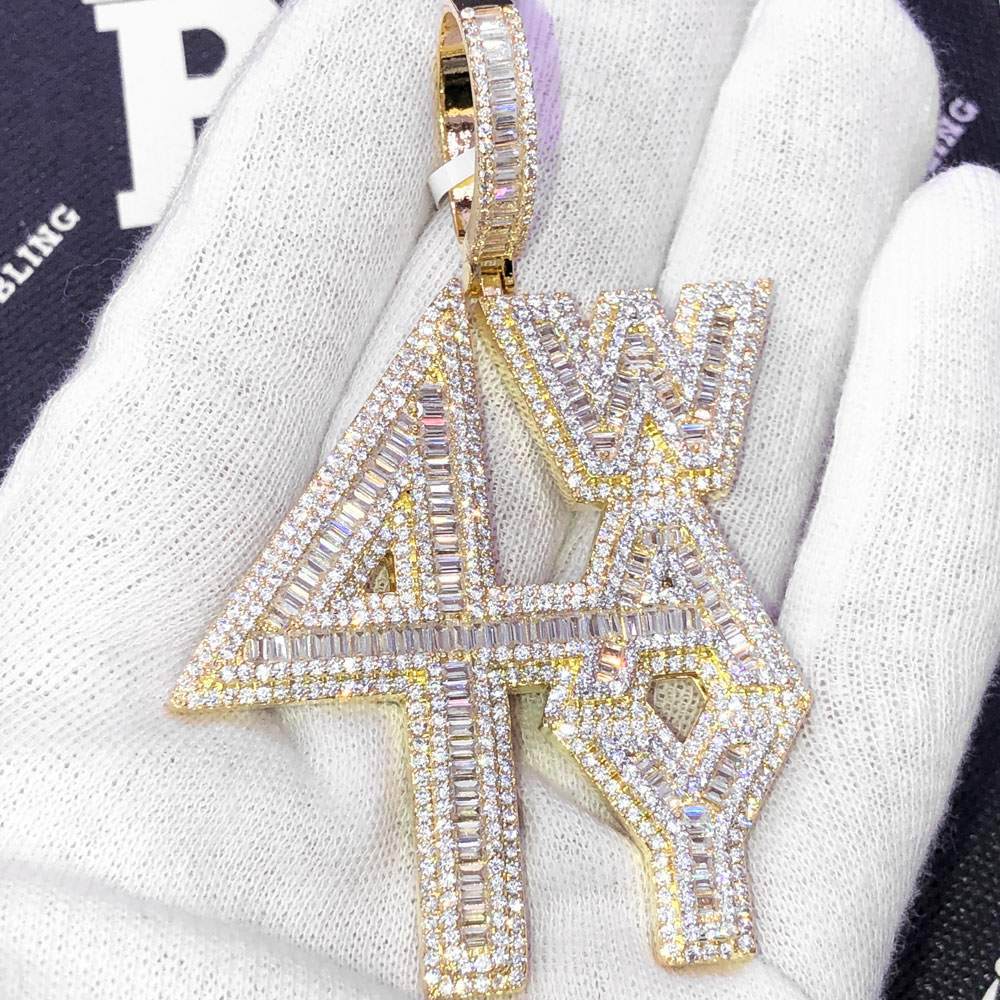 4 Way Baguette Large VVS CZ Hip Hop Iced Out Pendant Yellow Gold HipHopBling