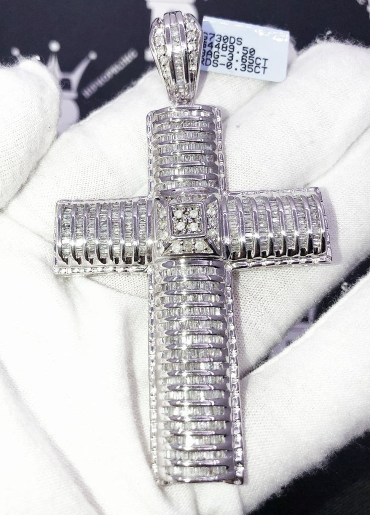 4.00 Carat Diamond Baguette Cross XL 10K White Gold HipHopBling