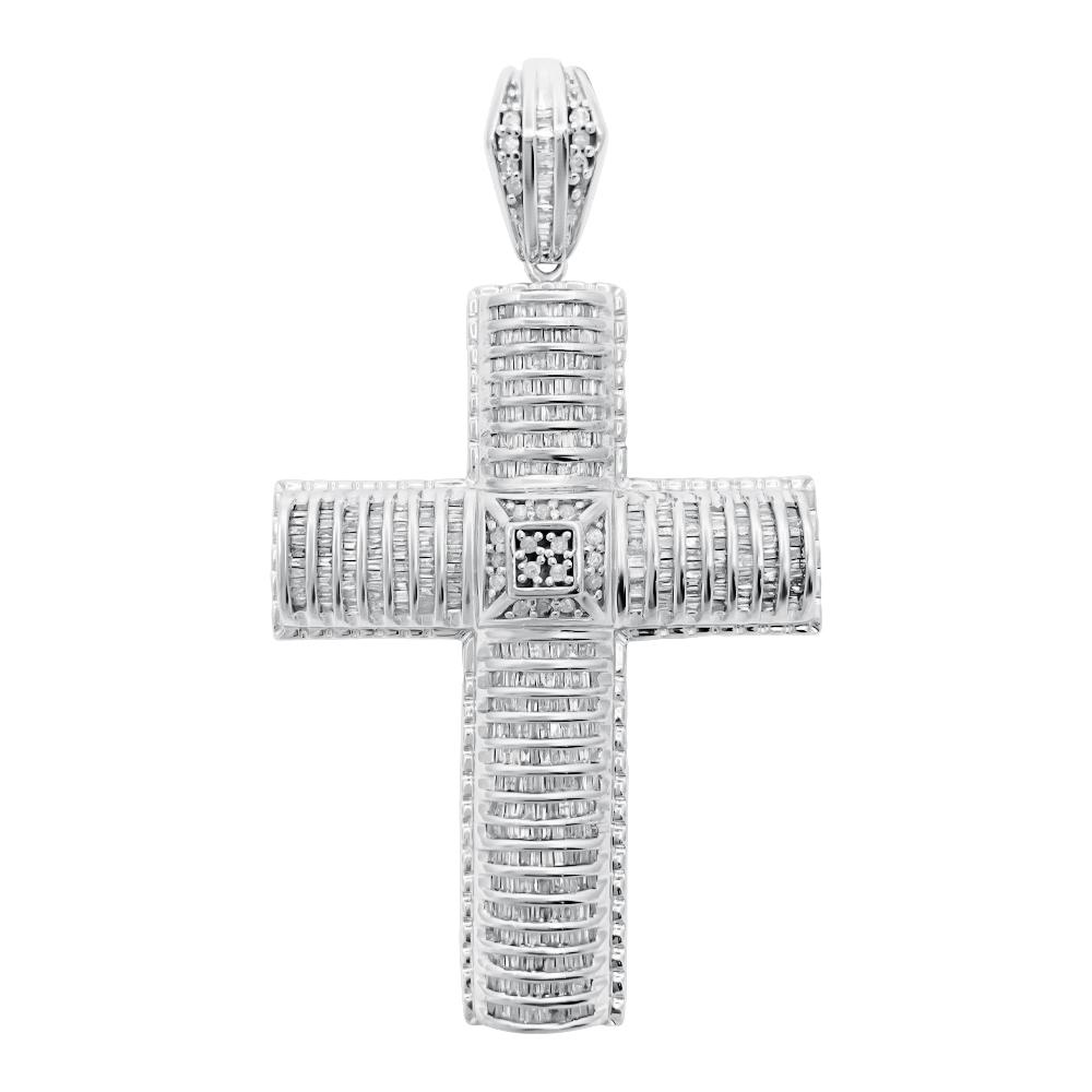 4.00 Carat Diamond Baguette Cross XL 10K White Gold HipHopBling