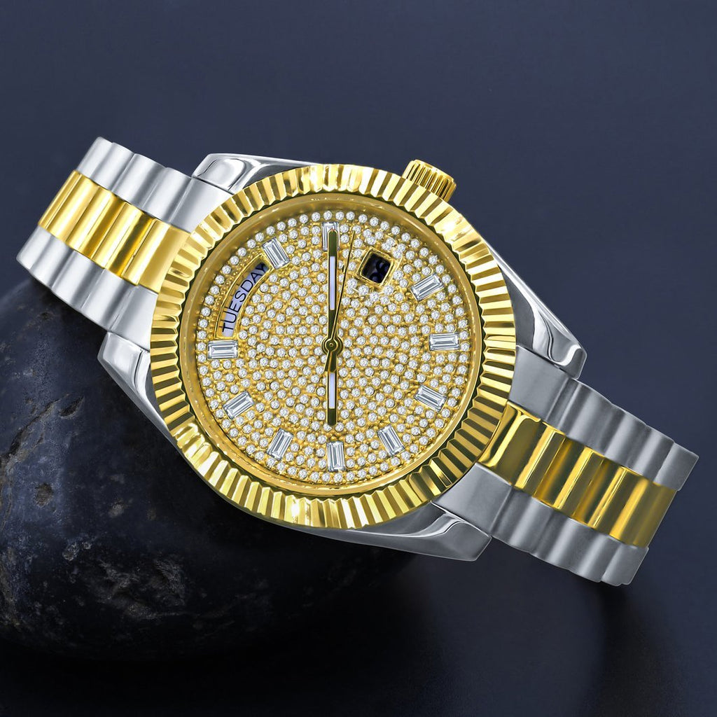 41MM CZ Pave Dial Baguette Hours Day Watch 2-Tone Gold Dial HipHopBling