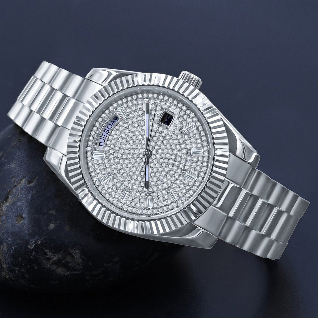 41MM CZ Pave Dial Baguette Hours Day Watch White Gold HipHopBling