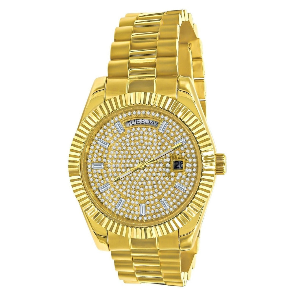 41MM CZ Pave Dial Baguette Hours Day Watch Yellow Gold HipHopBling