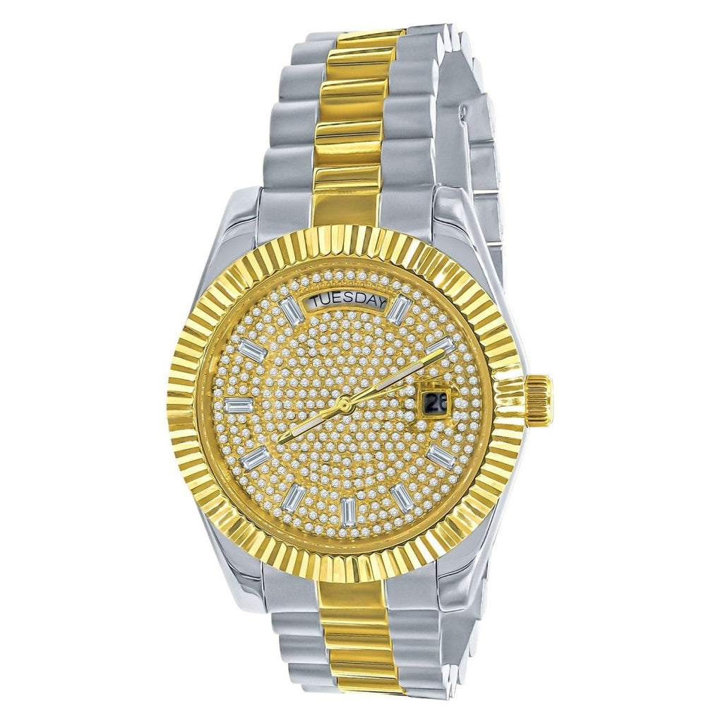 41MM CZ Pave Dial Baguette Hours Day Watch Yellow Gold HipHopBling