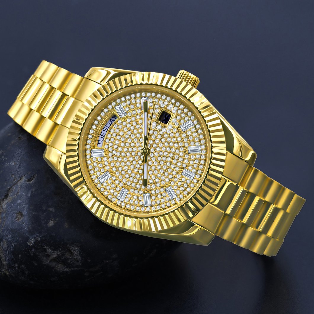 41MM CZ Pave Dial Baguette Hours Day Watch Yellow Gold HipHopBling