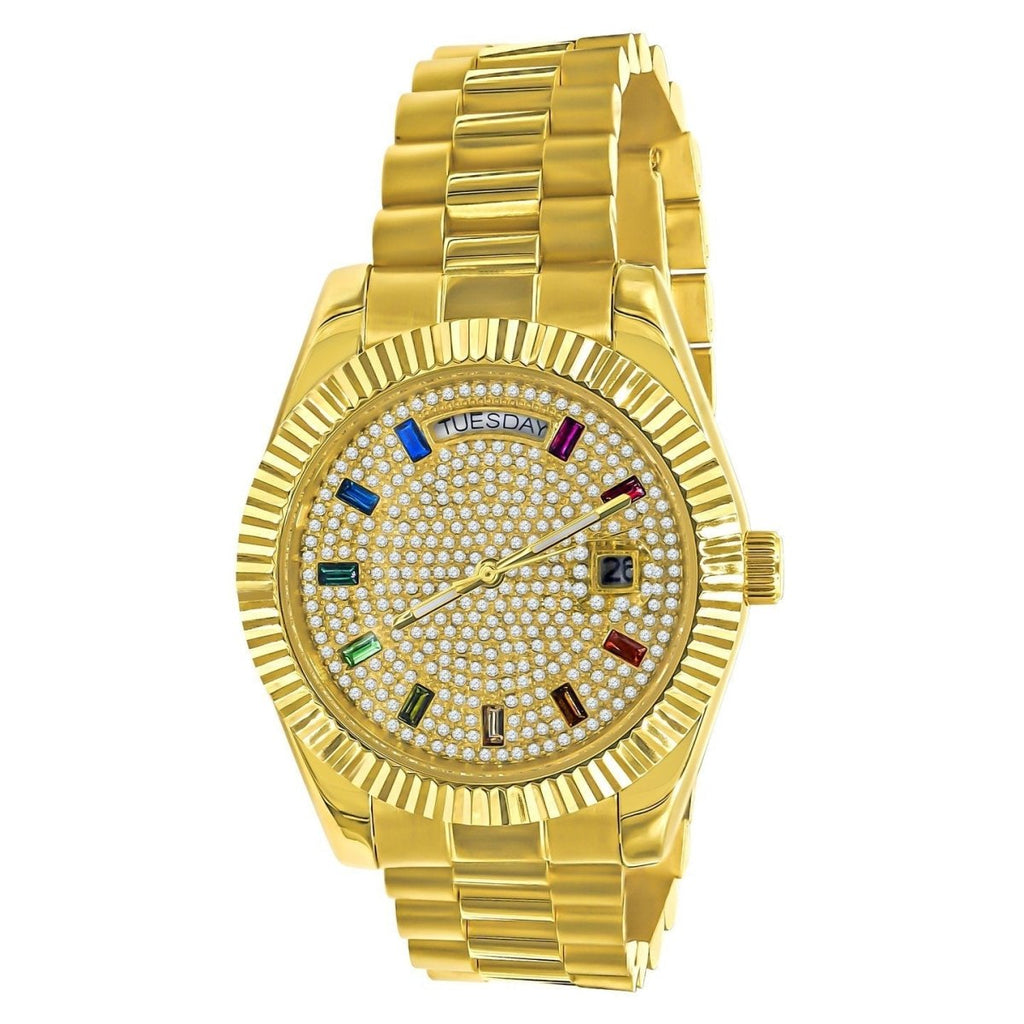 41MM CZ Pave Dial Rainbow Hours Day Watch Yellow Gold HipHopBling