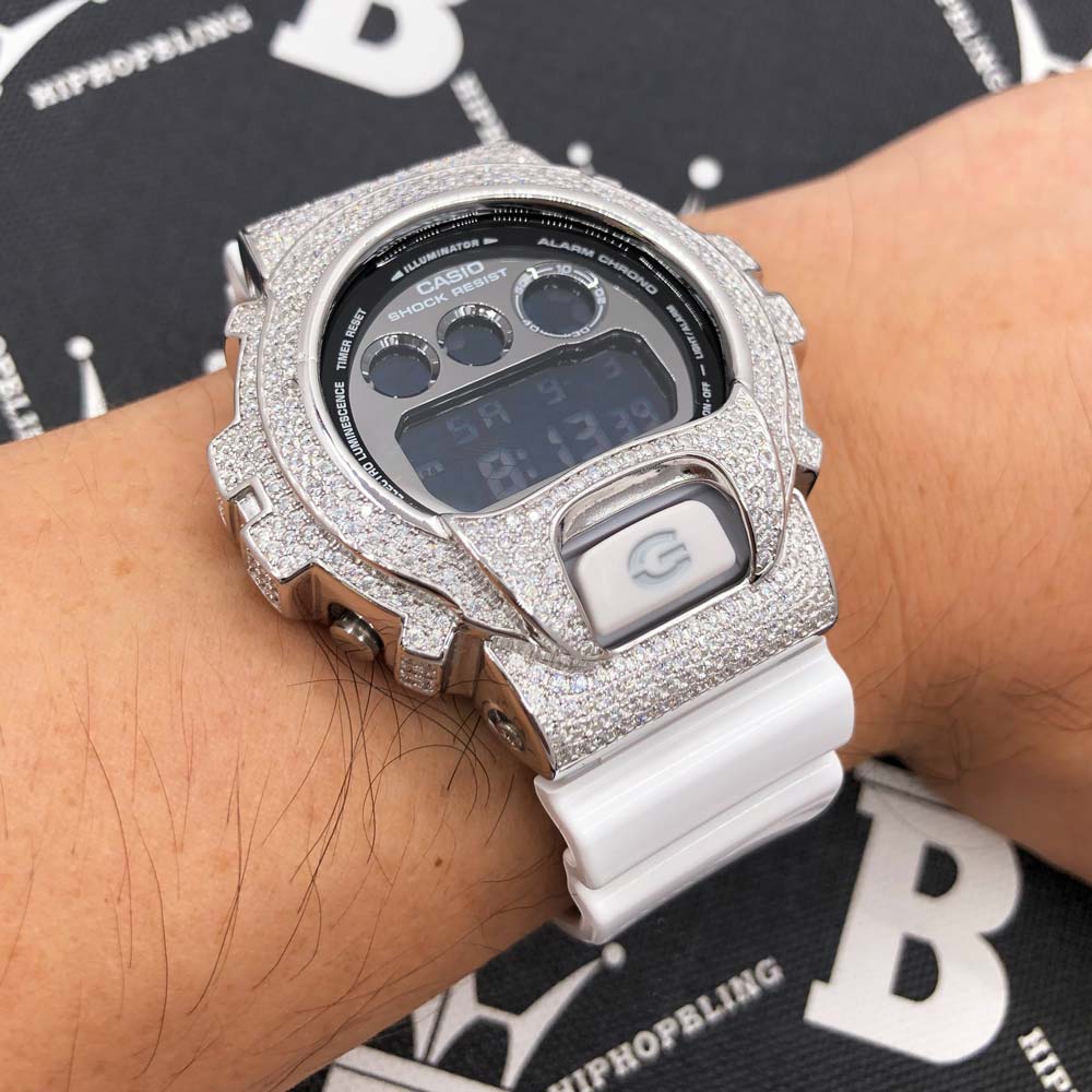 4.25 Carat Moissanite VVS Iced Out G Shock DW6900 Custom Watch Jet Black HipHopBling
