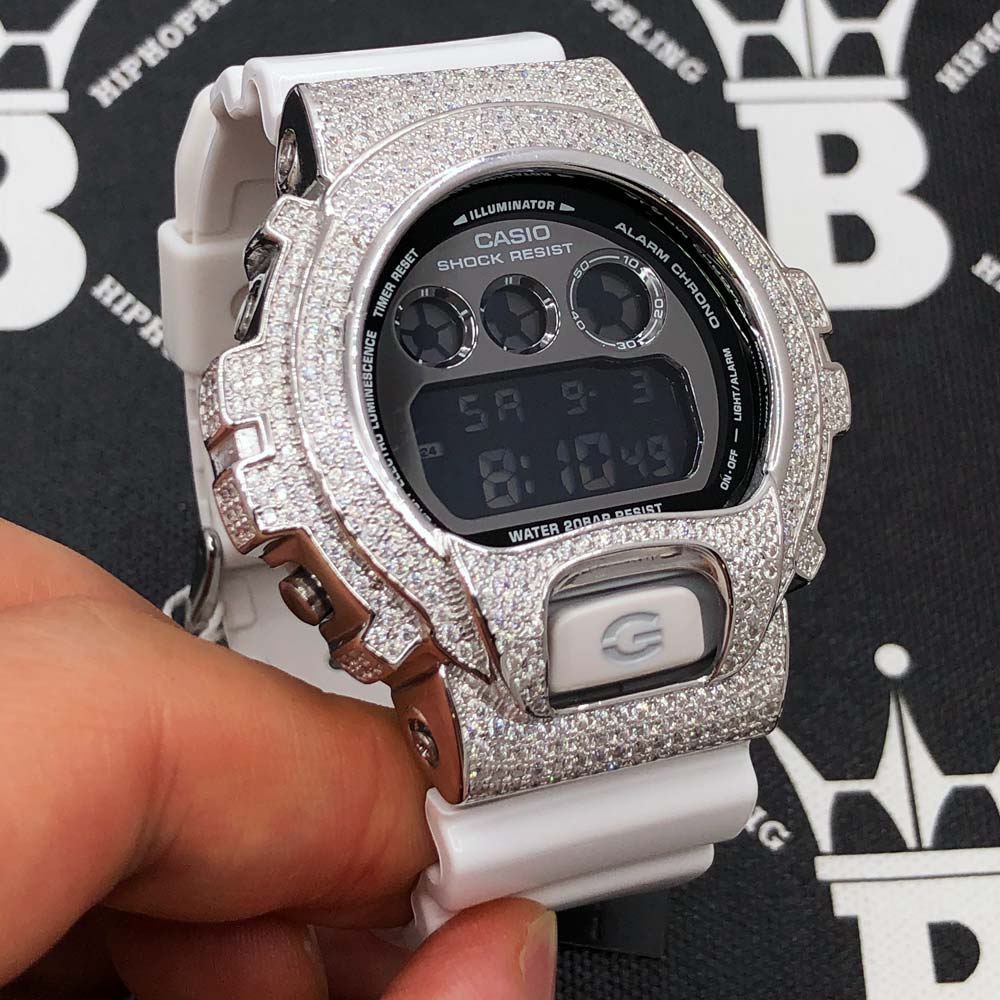 4.25 Carat Moissanite VVS Iced Out G Shock DW6900 Custom Watch Jet Black HipHopBling