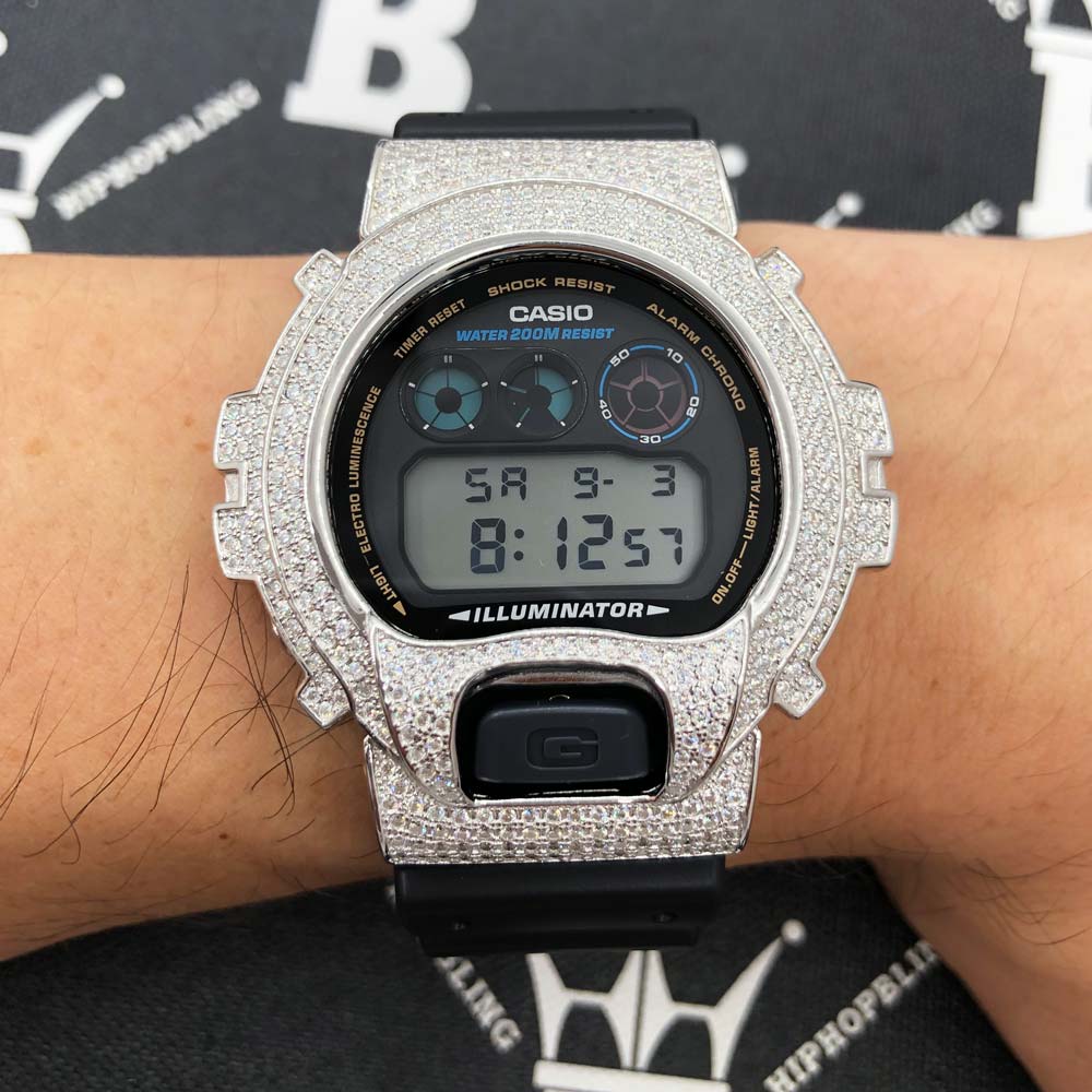 4.25 Carat Moissanite VVS Iced Out G Shock DW6900 Custom Watch Jet Black HipHopBling