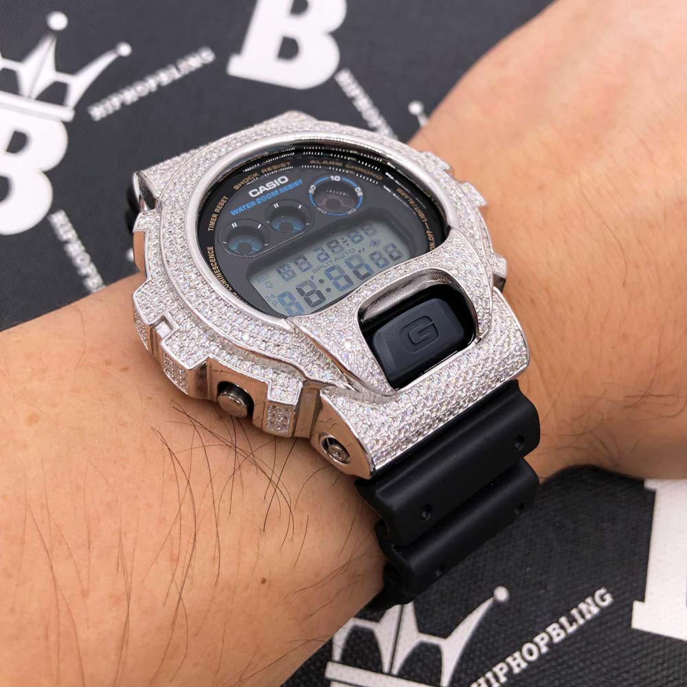 4.25 Carat Moissanite VVS Iced Out G Shock DW6900 Custom Watch Jet Black HipHopBling
