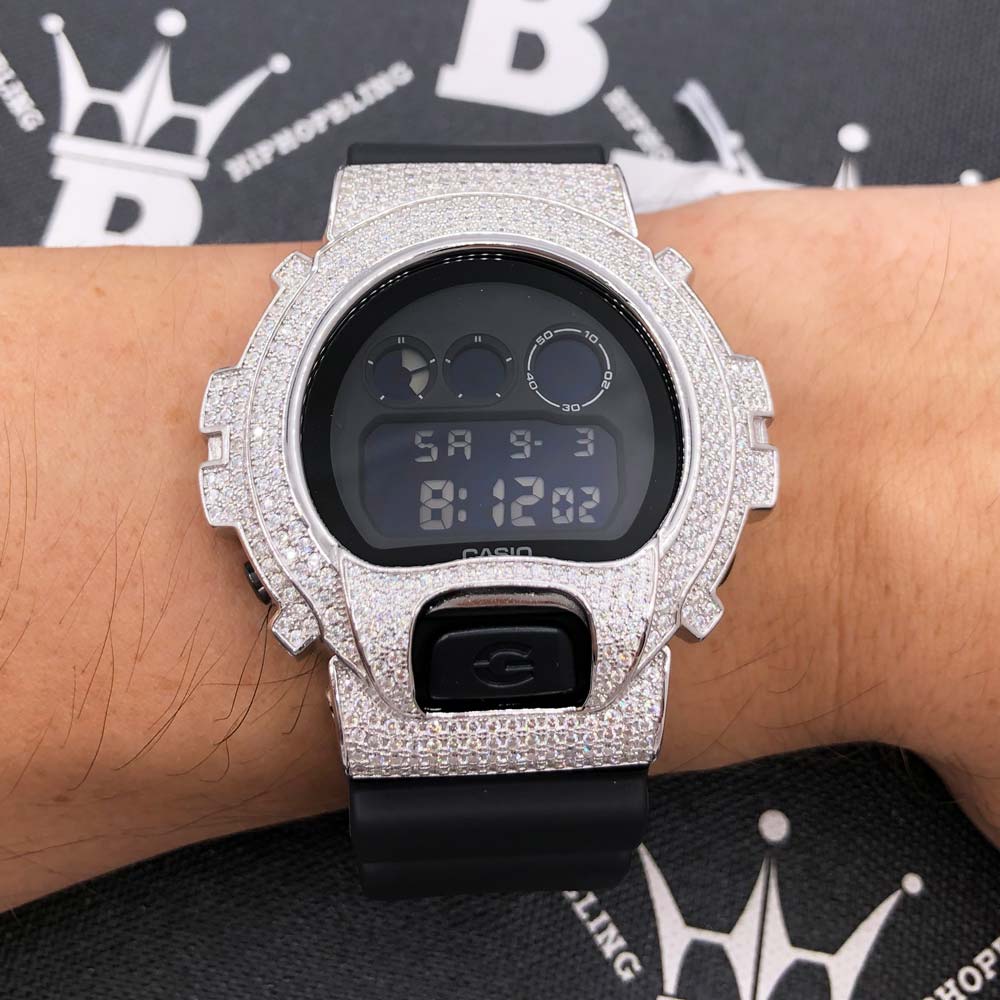 4.25 Carat Moissanite VVS Iced Out G Shock DW6900 Custom Watch Standard Black HipHopBling