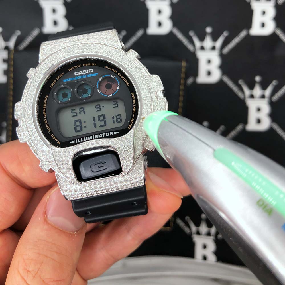 4.25 Carat Moissanite VVS Iced Out G Shock DW6900 Custom Watch Standard Black HipHopBling