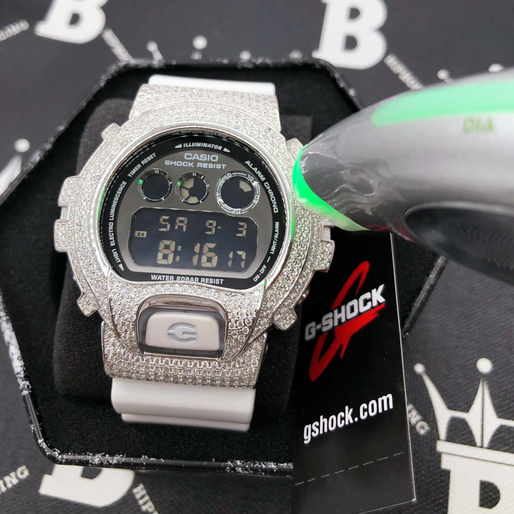 4.25 Carat Moissanite VVS Iced Out G Shock DW6900 Custom Watch White HipHopBling