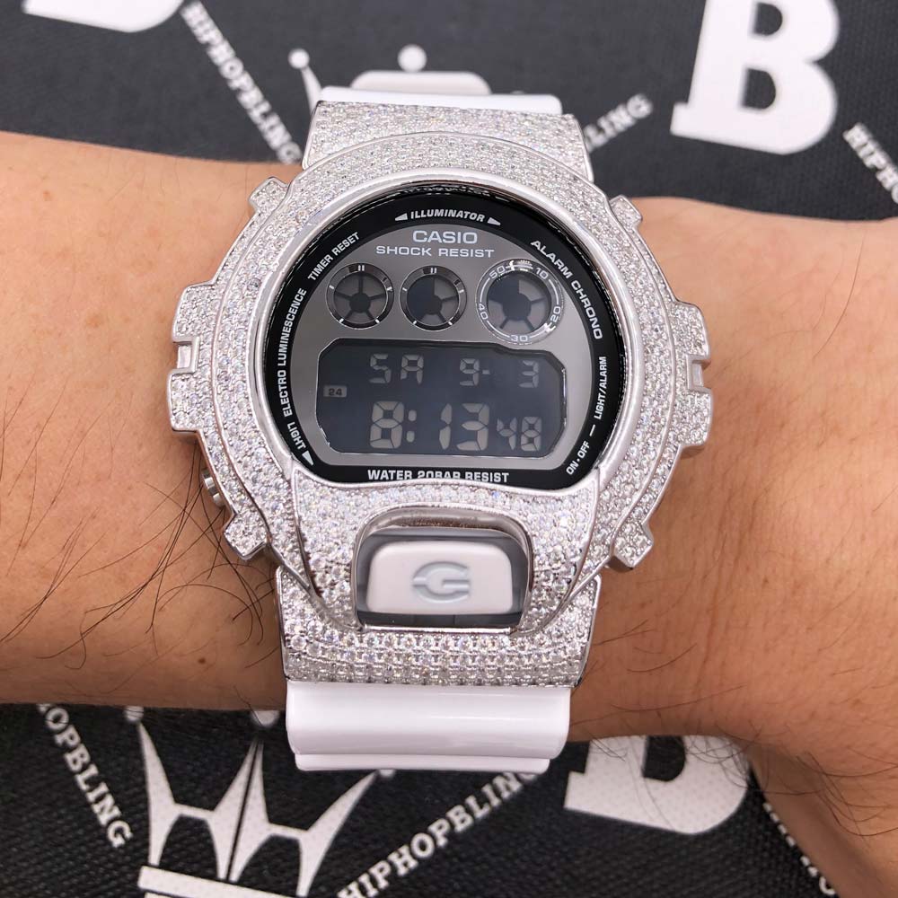 4.25 Carat Moissanite VVS Iced Out G Shock DW6900 Custom Watch White HipHopBling