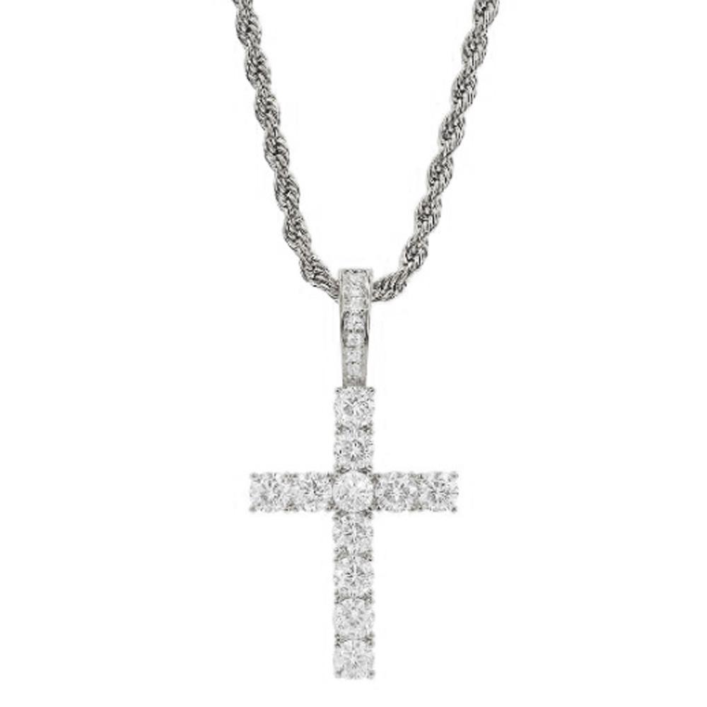 4MM CZ Iced Out 1 Row Tennis Cross + Rope Chain Stainless Steel White Gold 18" HipHopBling