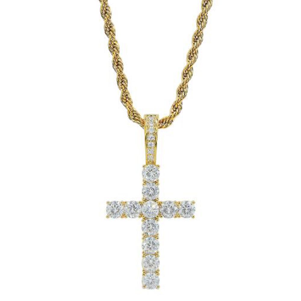 4MM CZ Iced Out 1 Row Tennis Cross + Rope Chain Stainless Steel Yellow Gold 18" HipHopBling