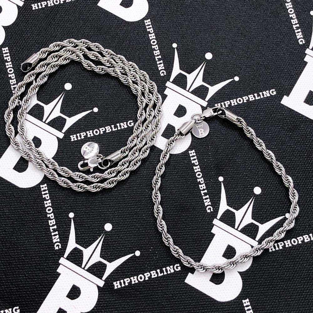 4MM Stainless Steel French Rope Chain White Gold 16" HipHopBling