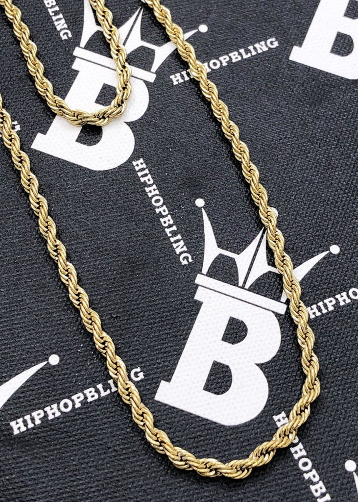 4MM Stainless Steel French Rope Chain Yellow Gold 16" HipHopBling