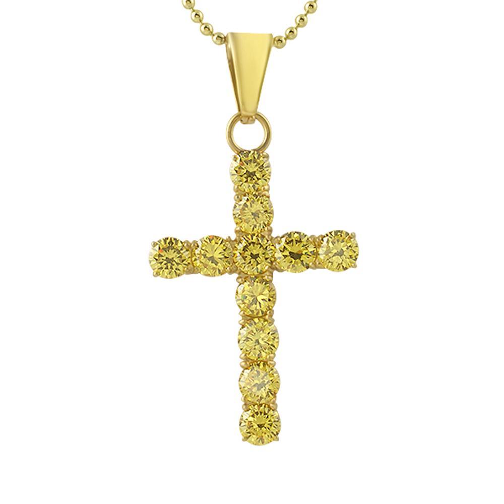 6MM Canary CZ Gold Stainless Steel Cross Pendant Only HipHopBling