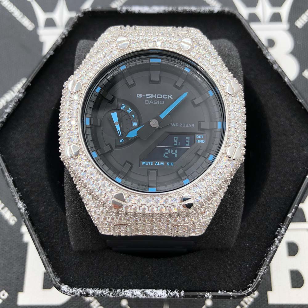 7.75 Carat VVS Moissanite Iced Out G Shock GA2100 Hip Hop Custom Watch Black Dial | Clear Band HipHopBling