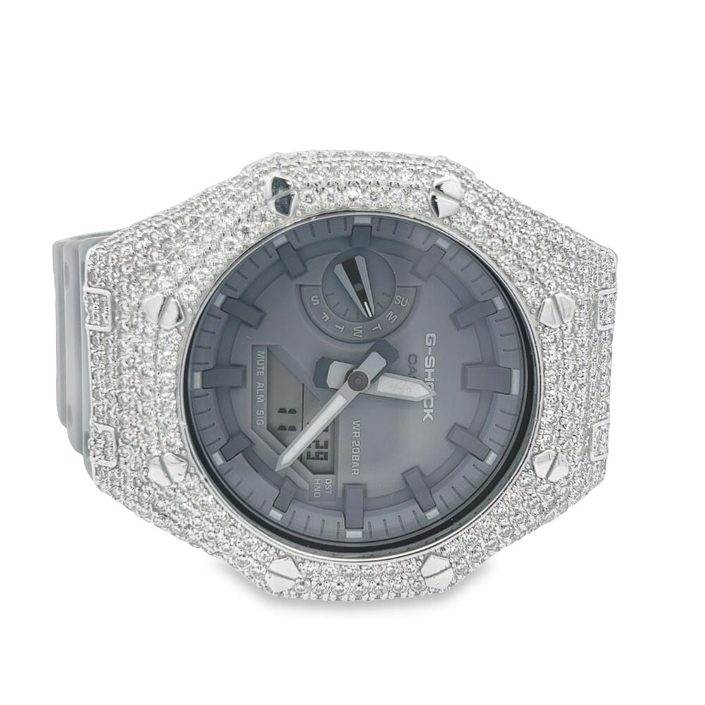 7.75 Carat VVS Moissanite Iced Out G Shock GA2100 Hip Hop Custom Watch Black Dial | Clear Band HipHopBling