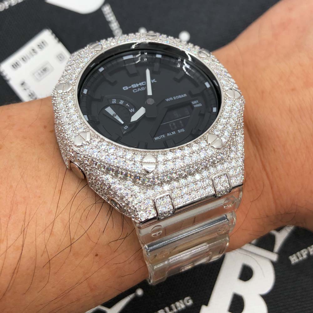 7.75 Carat VVS Moissanite Iced Out G Shock GA2100 Hip Hop Custom Watch Black Dial | Clear Band HipHopBling