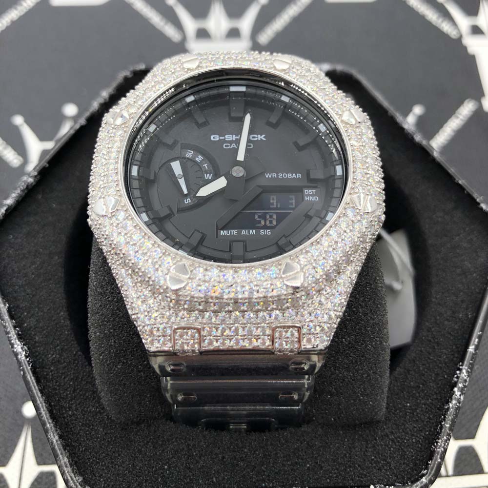 7.75 Carat VVS Moissanite Iced Out G Shock GA2100 Hip Hop Custom Watch Black Dial | Clear Band HipHopBling
