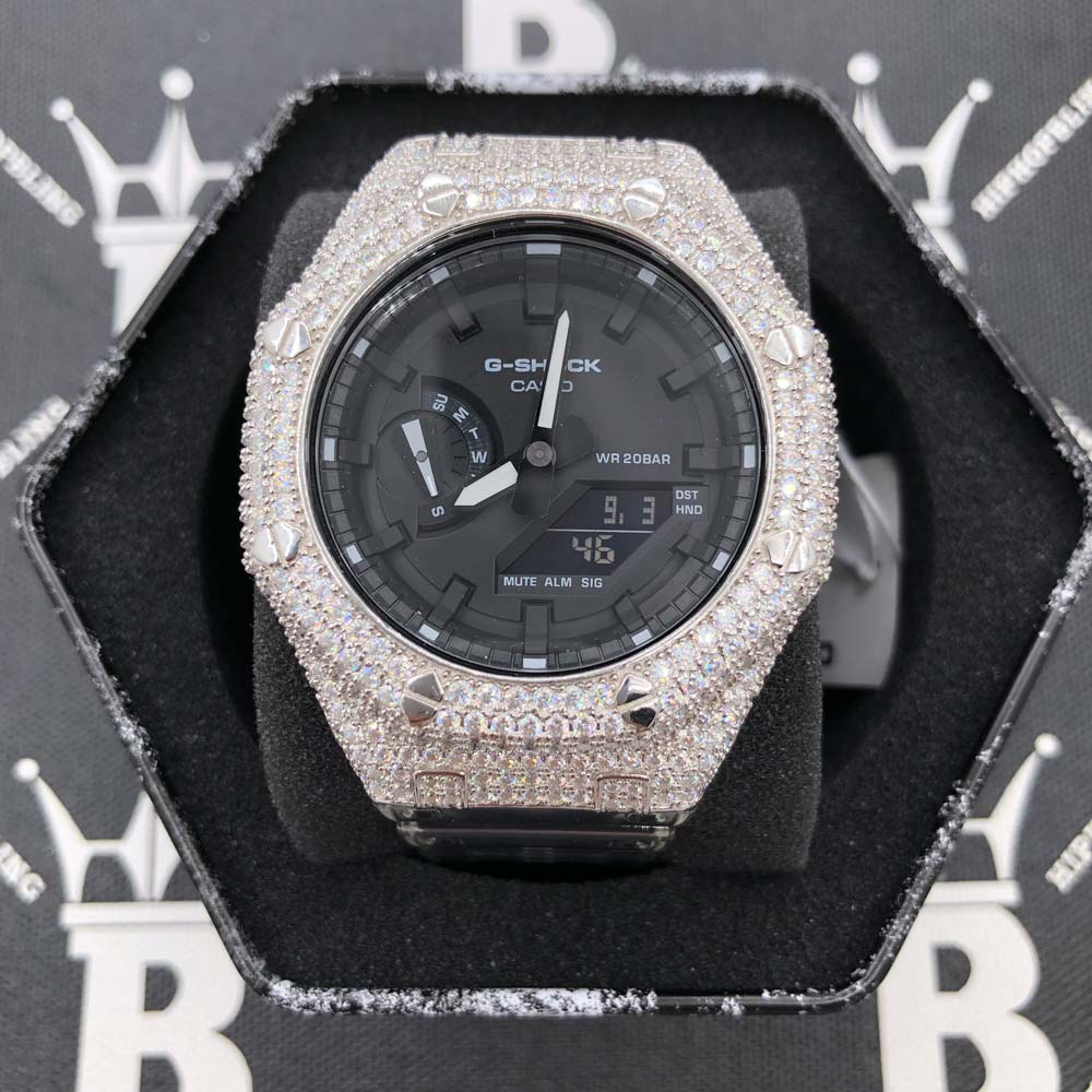 7.75 Carat VVS Moissanite Iced Out G Shock GA2100 Hip Hop Custom Watch Black Dial | Clear Band HipHopBling