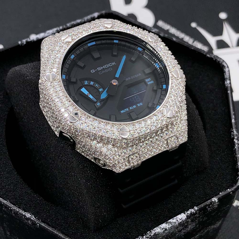 7.75 Carat VVS Moissanite Iced Out G Shock GA2100 Hip Hop Custom Watch Black Dial | Clear Band HipHopBling