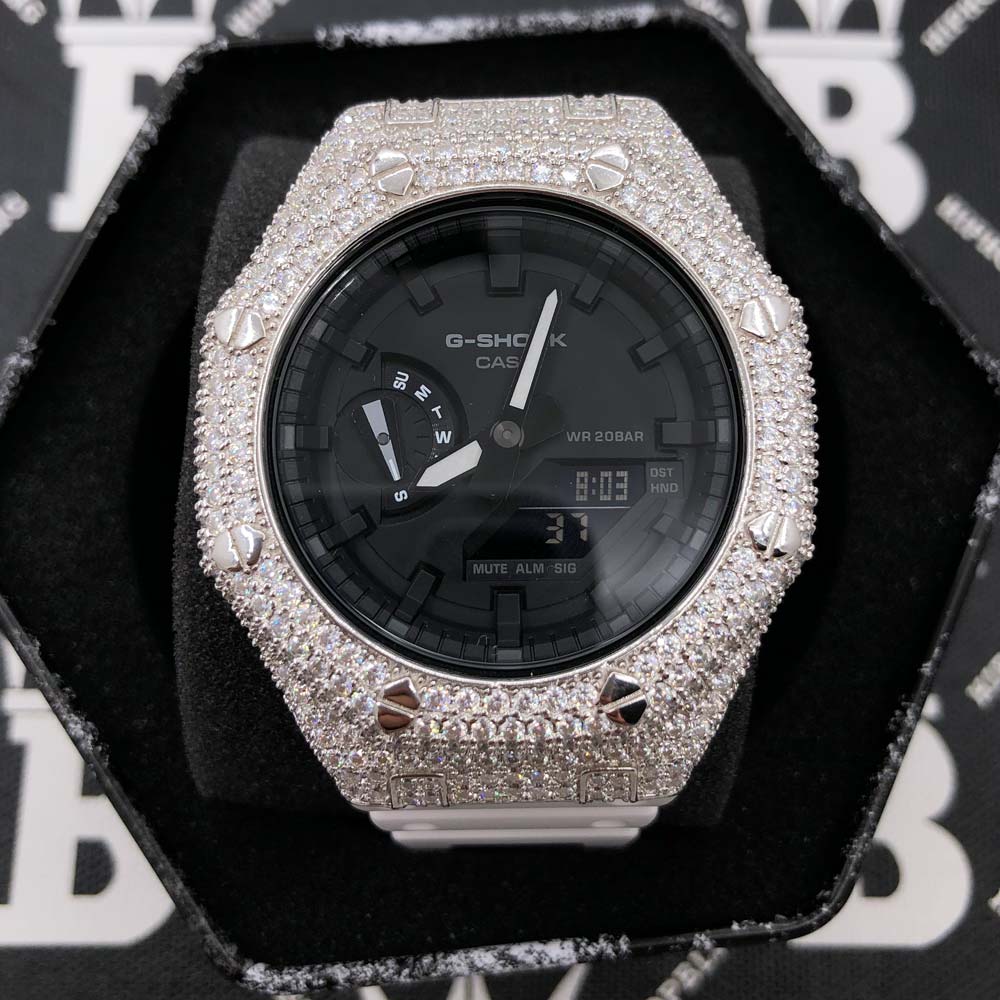 7.75 Carat VVS Moissanite Iced Out G Shock GA2100 Hip Hop Custom Watch Black Dial | Clear Band HipHopBling