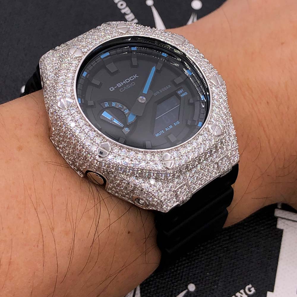 7.75 Carat VVS Moissanite Iced Out G Shock GA2100 Hip Hop Custom Watch Black Dial | Clear Band HipHopBling