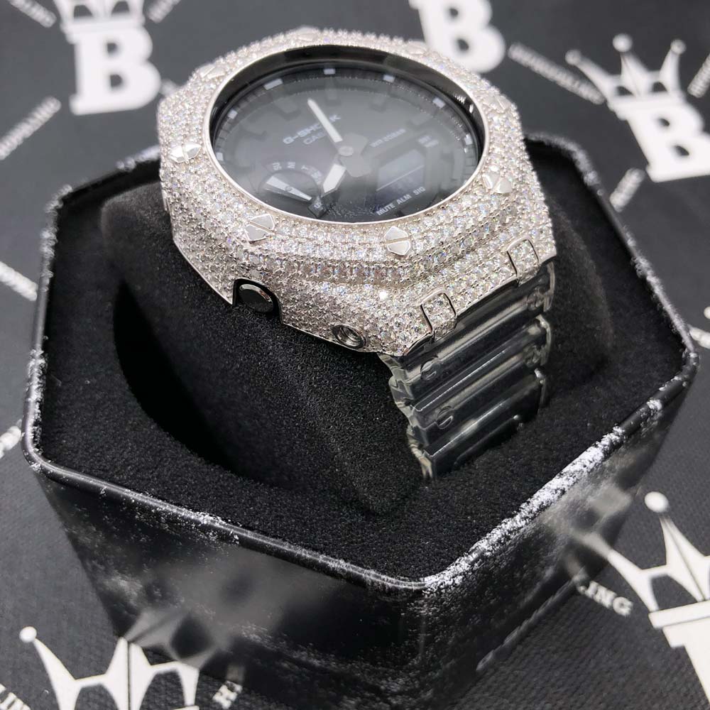 7.75 Carat VVS Moissanite Iced Out G Shock GA2100 Hip Hop Custom Watch Black Dial | Clear Band HipHopBling