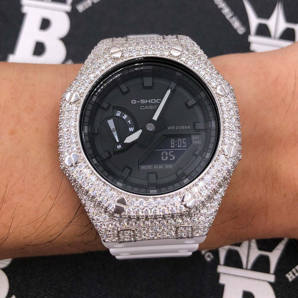 7.75 Carat VVS Moissanite Iced Out G Shock GA2100 Hip Hop Custom Watch Black Dial | Clear Band HipHopBling
