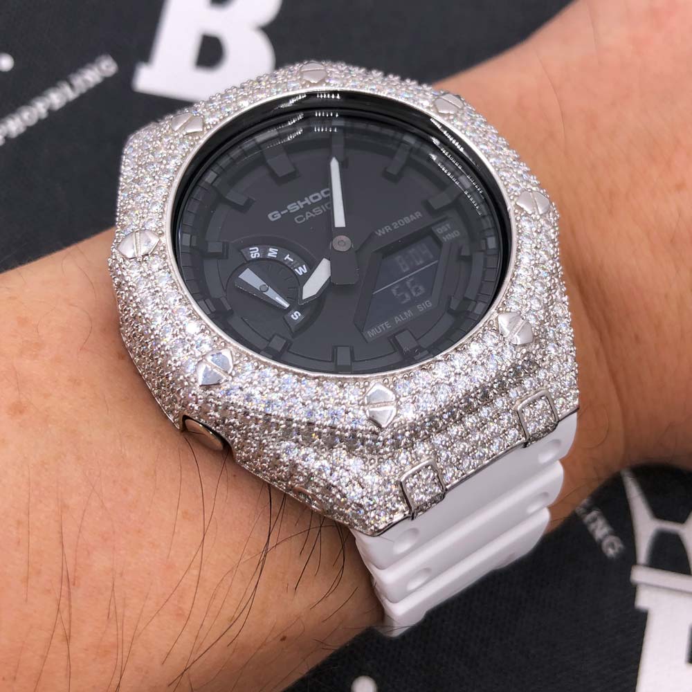 7.75 Carat VVS Moissanite Iced Out G Shock GA2100 Hip Hop Custom Watch Black Dial | White Band HipHopBling