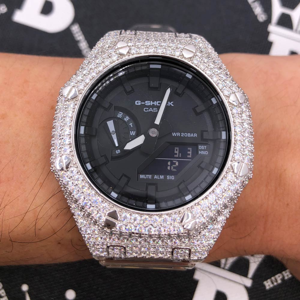 7.75 Carat VVS Moissanite Iced Out G Shock GA2100 Hip Hop Custom Watch Blue Hours | Black Dial & Band HipHopBling