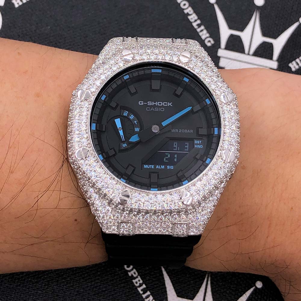 7.75 Carat VVS Moissanite Iced Out G Shock GA2100 Hip Hop Custom Watch Blue Hours | Black Dial & Band HipHopBling
