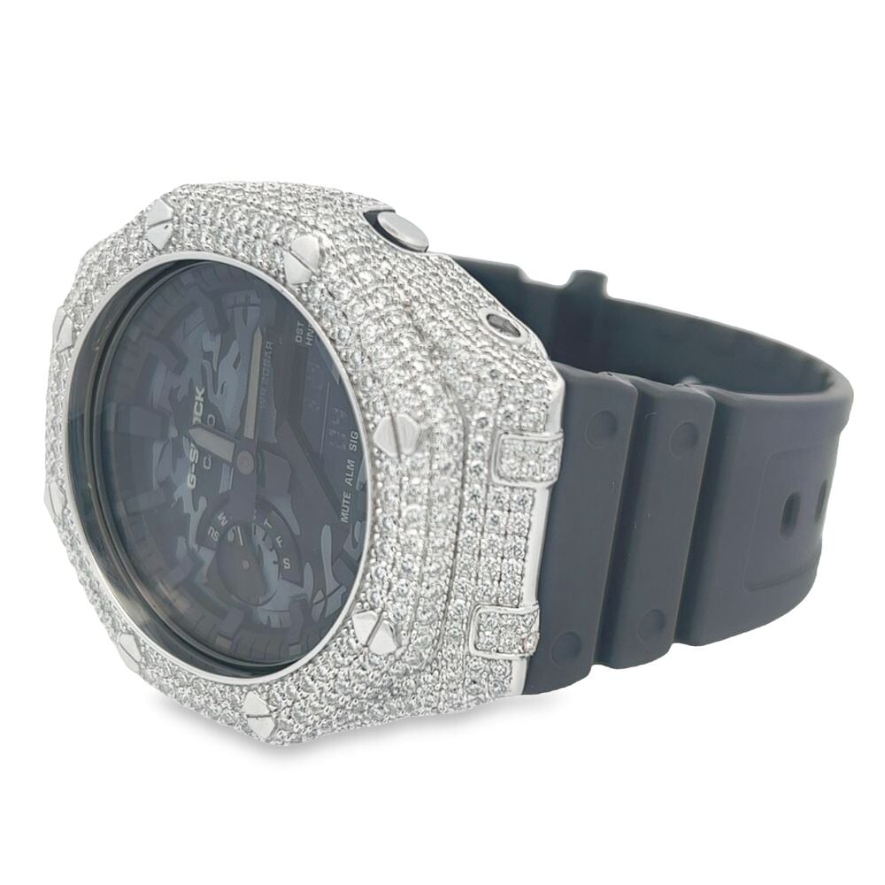 7.75 Carat VVS Moissanite Iced Out G Shock GA2100 Hip Hop Custom Watch Camo Gray HipHopBling