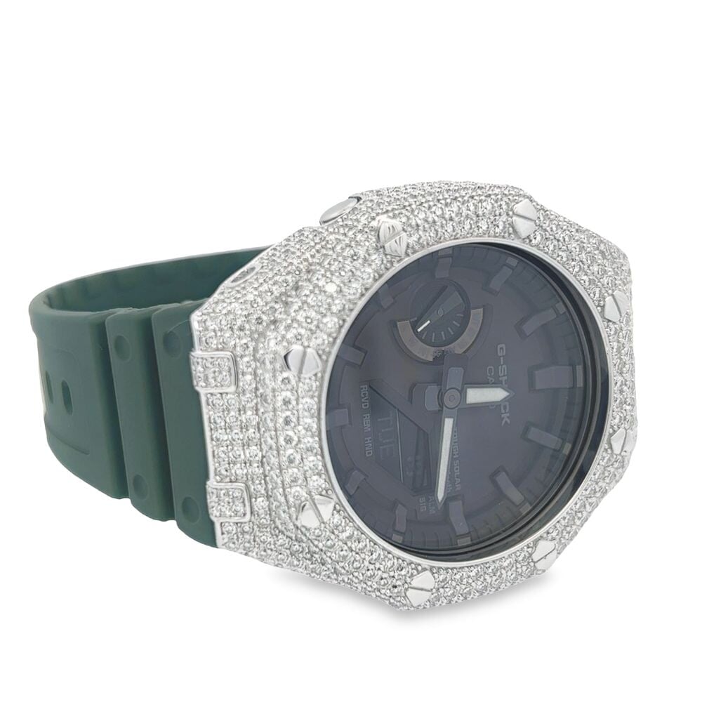 7.75 Carat VVS Moissanite Iced Out G Shock GA2100 Hip Hop Custom Watch Green HipHopBling