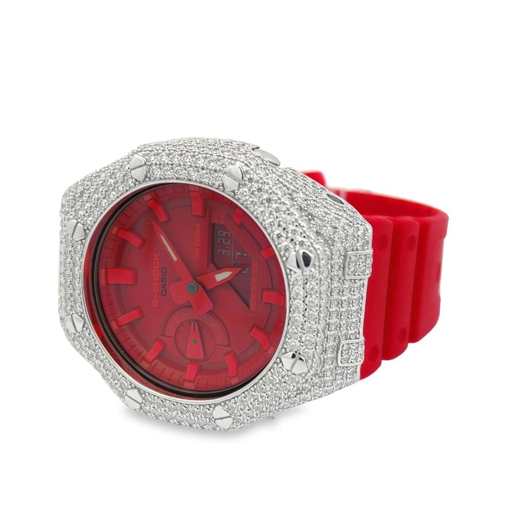 7.75 Carat VVS Moissanite Iced Out G Shock GA2100 Hip Hop Custom Watch Red HipHopBling