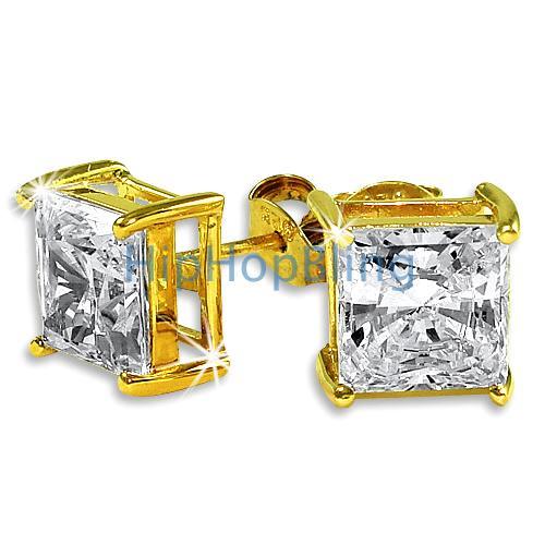 7mm Princess Cut Signity CZ Gold Vermeil Solitaire Earrings HipHopBling