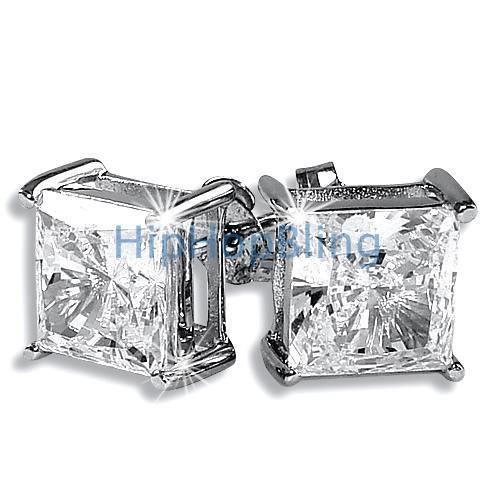 8mm Princess Cut Signity CZ Solitaire Sterling Silver Earrings HipHopBling