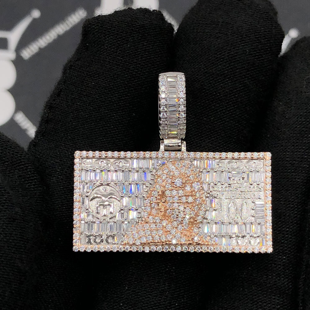 .925 Silver $100 Bill Baguette VVS CZ Iced Out Pendant HipHopBling