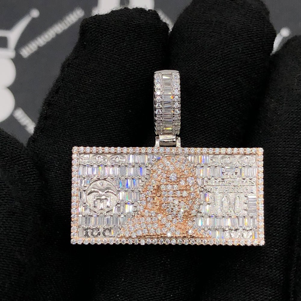 .925 Silver $100 Bill Baguette VVS CZ Iced Out Pendant White Gold HipHopBling